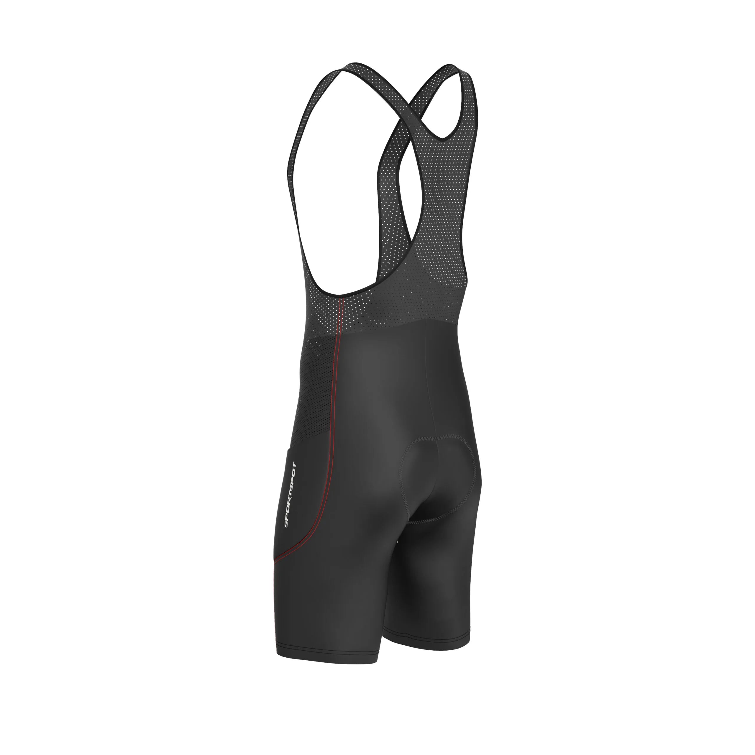 Rear detail of men’s cycling bib shorts showing 4D Gel Coolmax pad and reinforced stitching for comfort and durability.