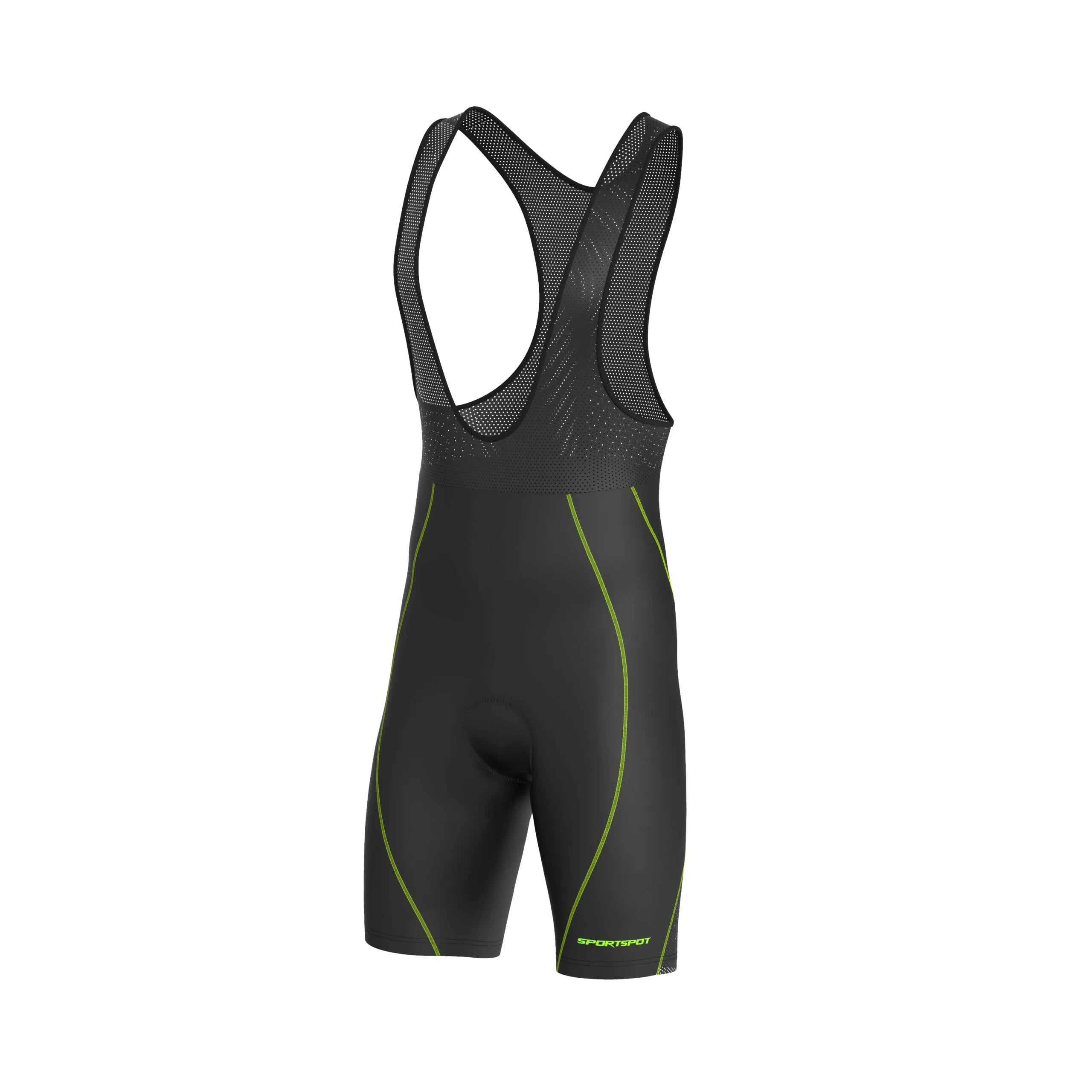 Front view of men’s black cycling bib shorts with fluorescent green accents and lightweight breathable Lycra construction.