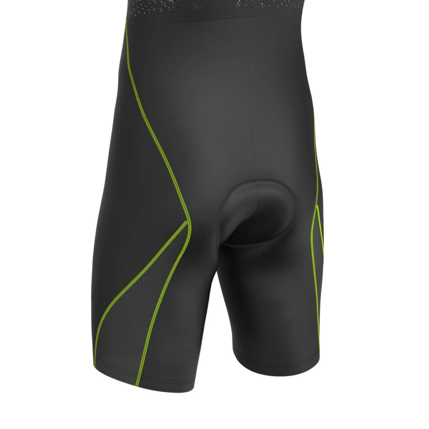 Side angle of men’s cycling bib shorts showing green accent stitching and ergonomic compression fit
