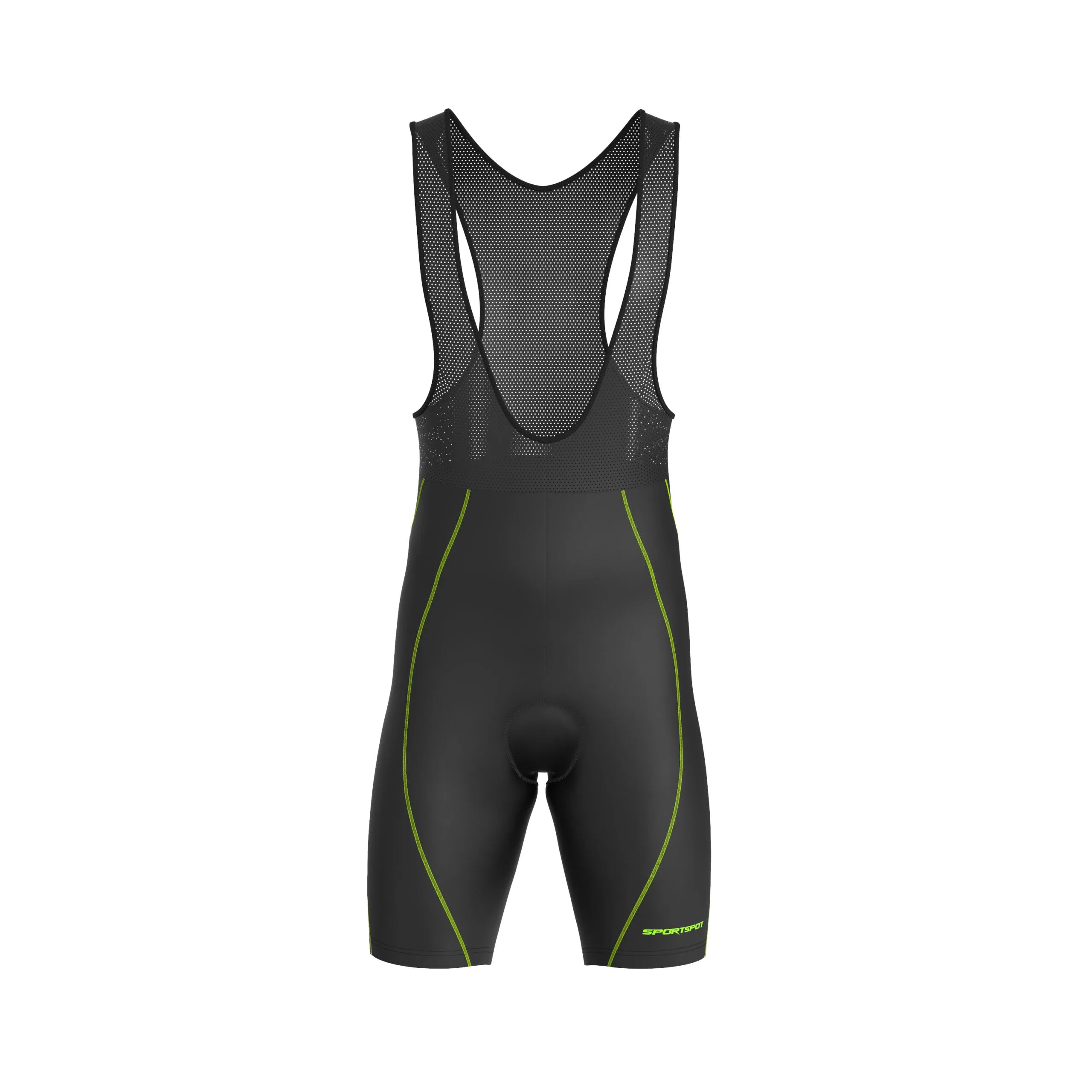 Back view of men’s cycling bib shorts highlighting breathable mesh upper and tailored straps for ventilation.