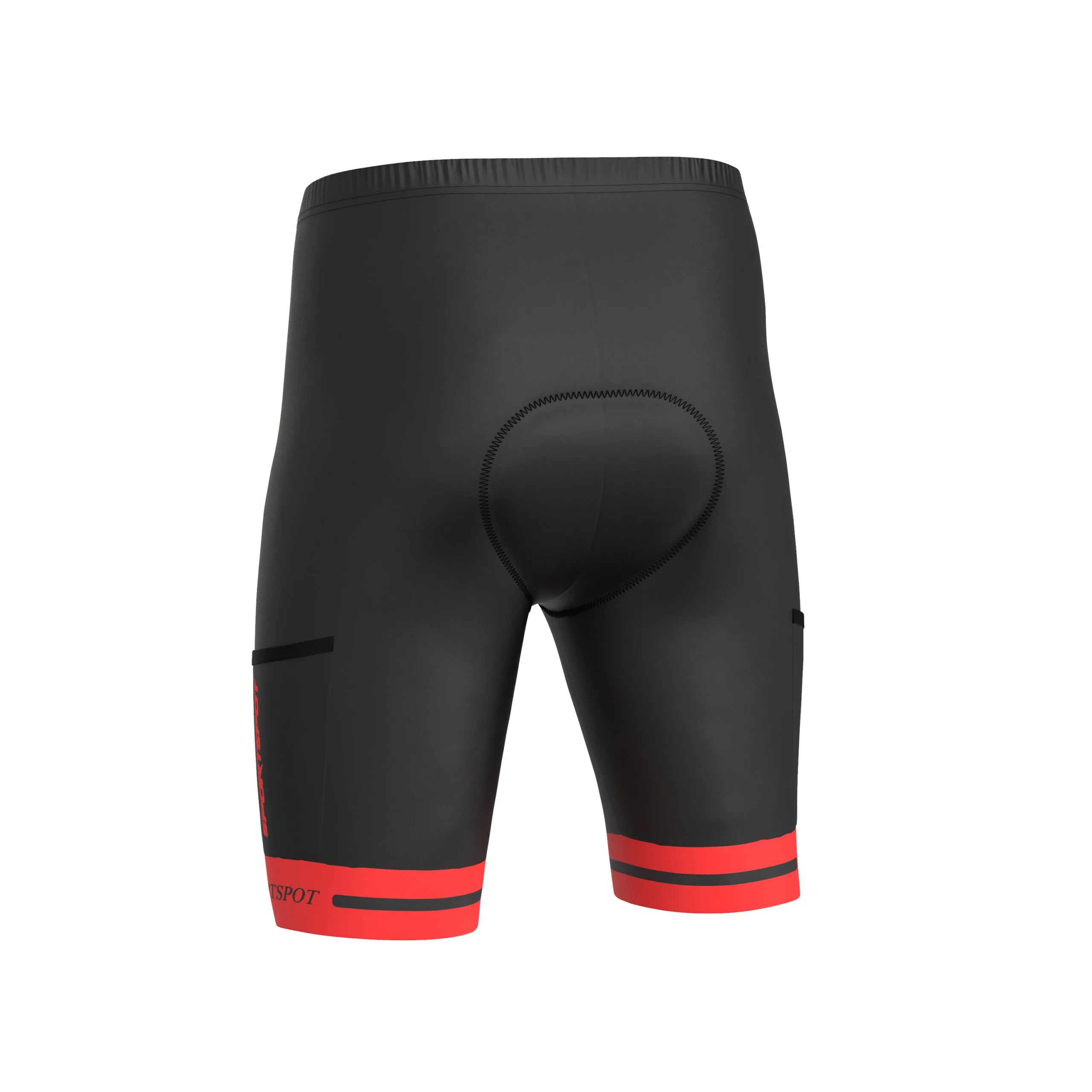 Back view of Men’s Padded Cycling Shorts – 4D CoolMax chamois pad, flatlock seams, and reflective detailing by Sportspot.
