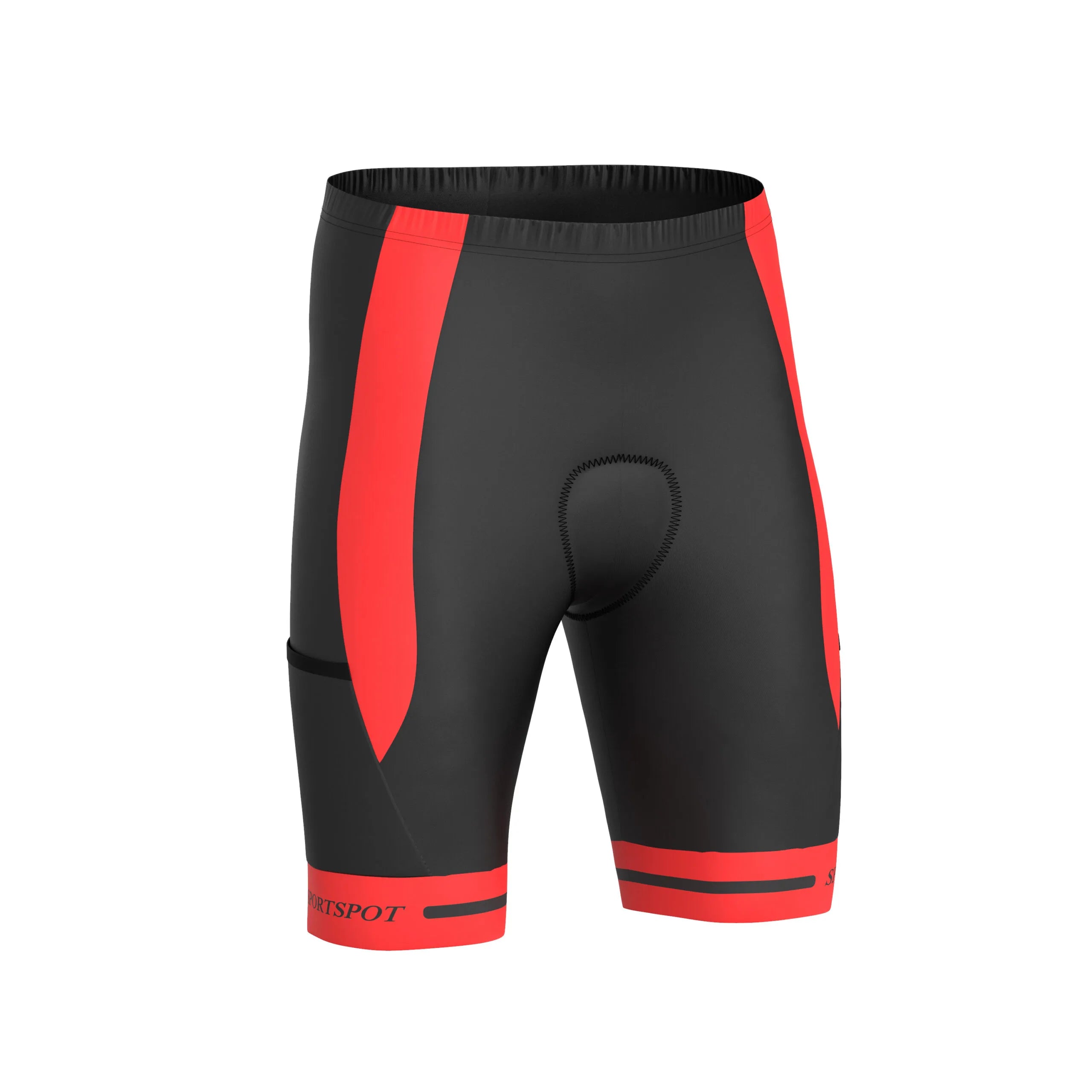 Men’s Cycling Shorts in black and red front view – lightweight, breathable Italian Robex fabric with 4D gel padding by Sportspot.