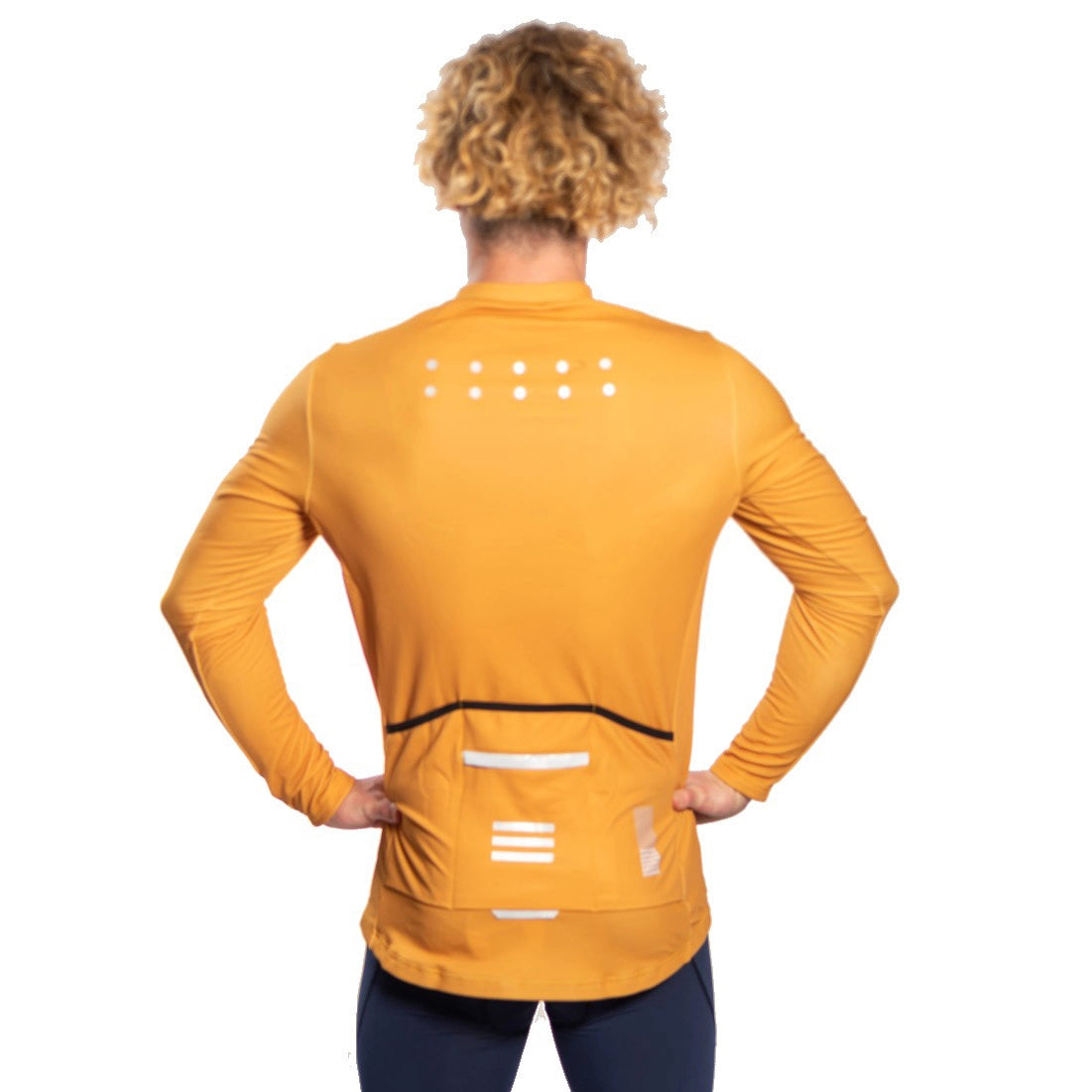 Back view of men’s mustard full sleeve cycling jersey showing rear pockets.