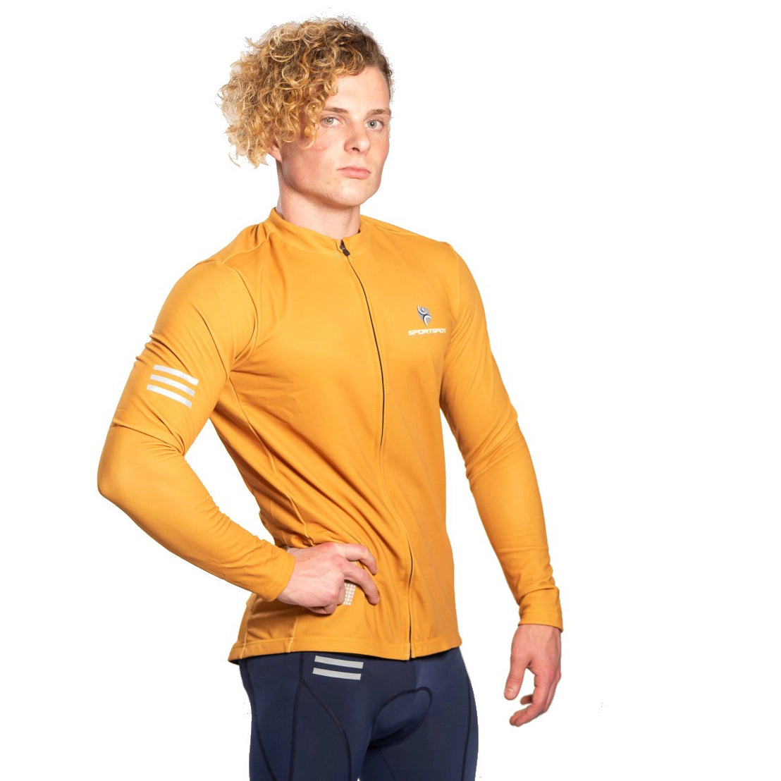 Fabric and feature highlights of men’s mustard full sleeve cycling jersey.