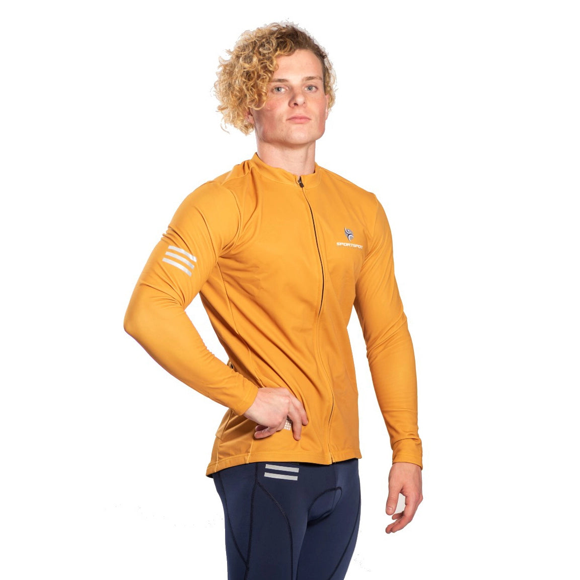 Men’s full sleeve cycling jersey in mustard color – front view with zipper.