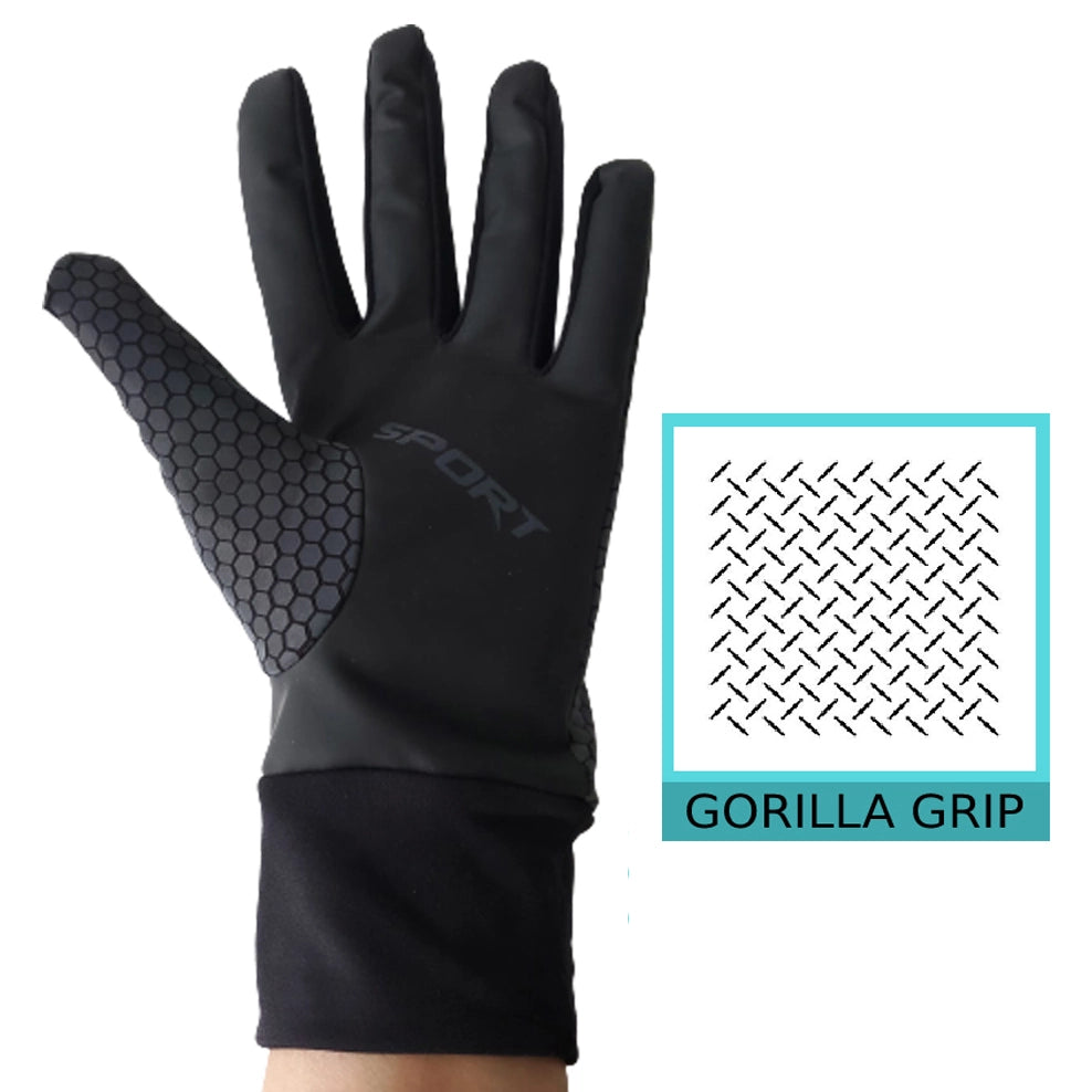 Full-hand display of waterproof and windproof rainbow reflective gloves for cycling and outdoor sports.