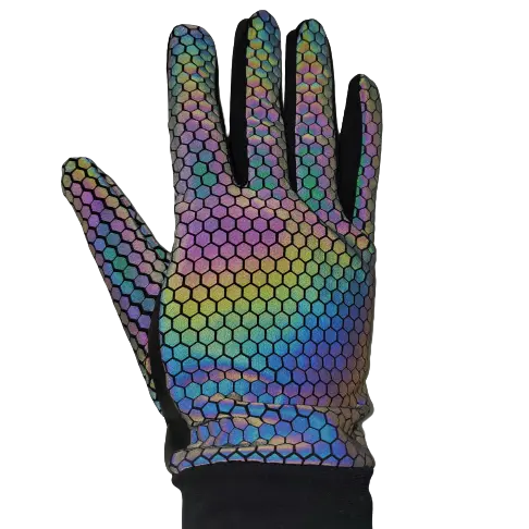 Back view of Rainbow Reflective Gloves showing 360-degree visibility design for night cycling and running.