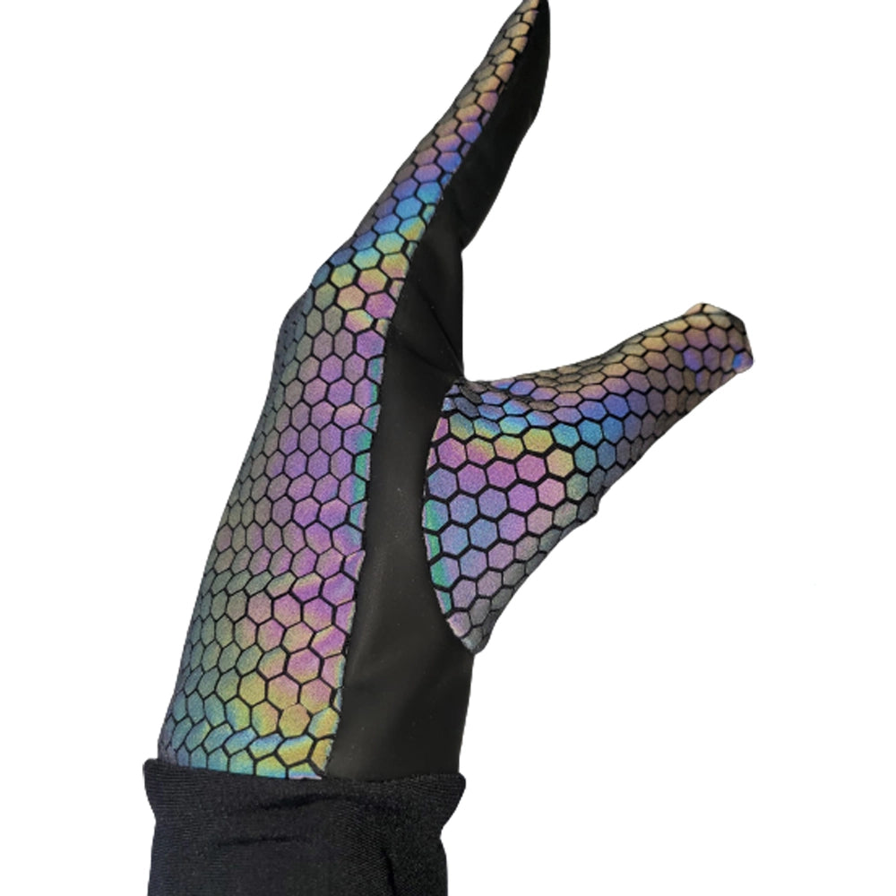 Multicolor rainbow reflection on gloves under light, demonstrating high-visibility safety performance.