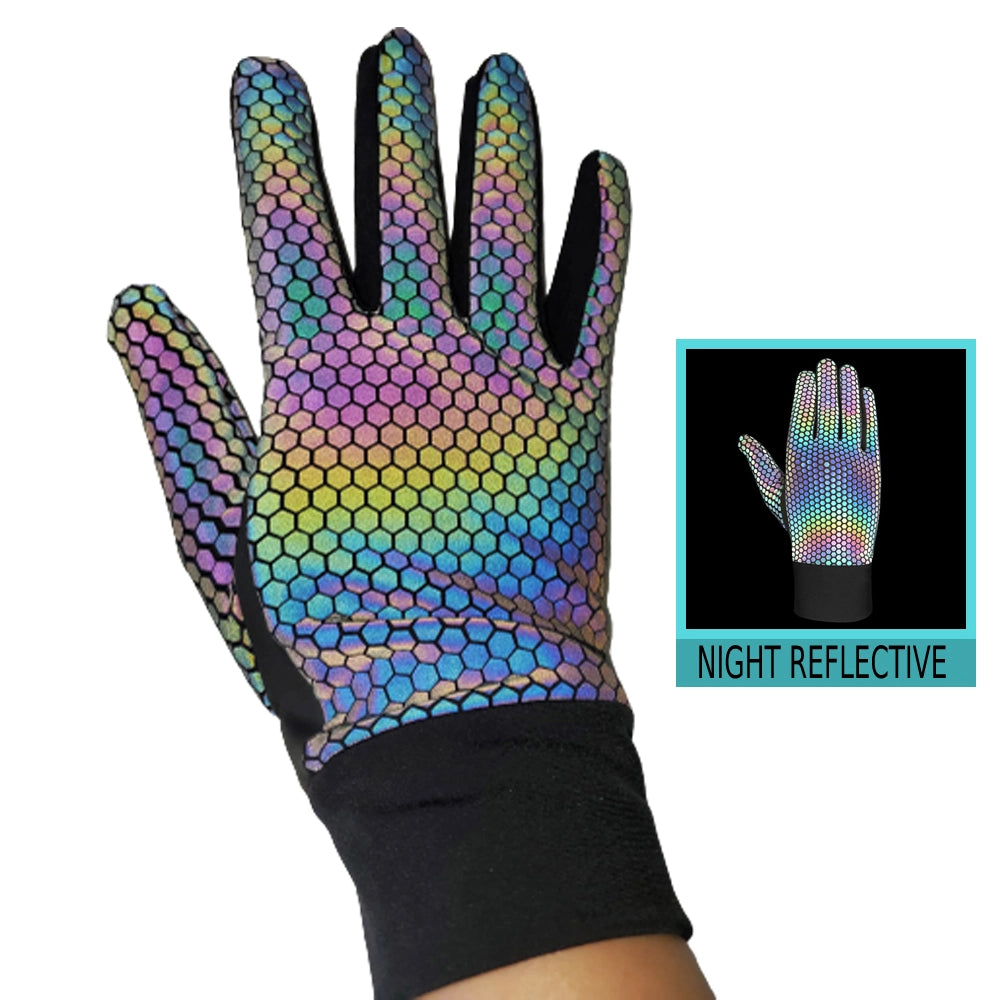 Rainbow Reflective Night Cycling Gloves front view showing high-visibility rainbow reflection for night safety.