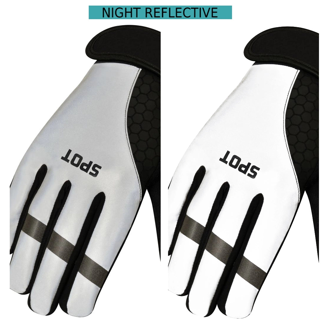 Reflective cycling gloves in black and silver color with ergonomic design and adjustable wrist strap.