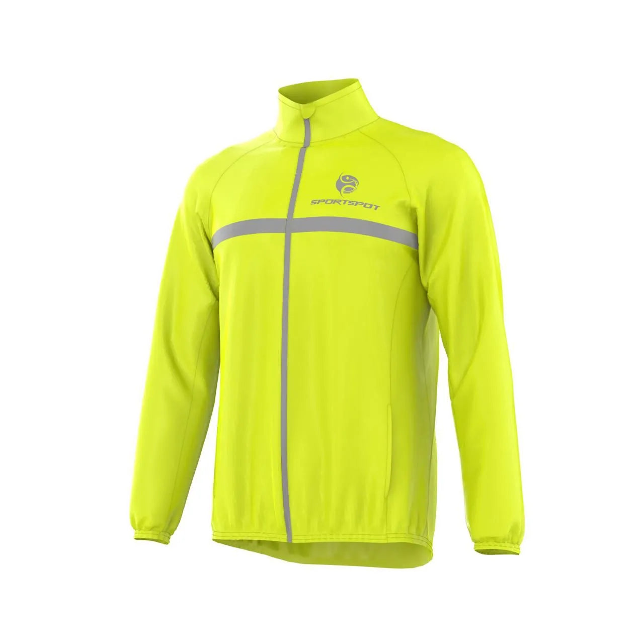 Sportspot cycling rain jacket features infographic showing waterproof, breathable and reflective details