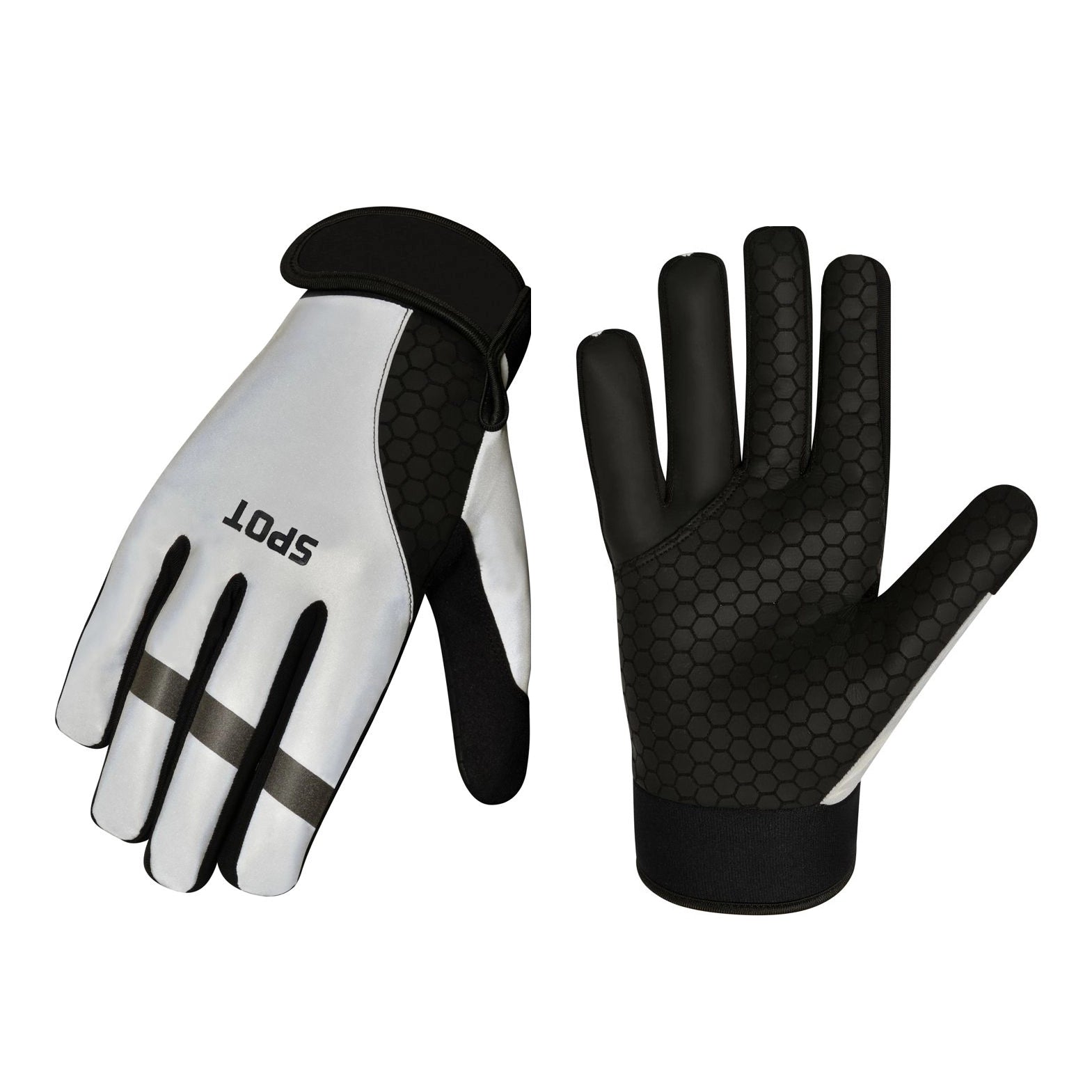 Sportspot Reflective Winter Cycling Gloves showing front and back view with anti-slip palm and reflective design.