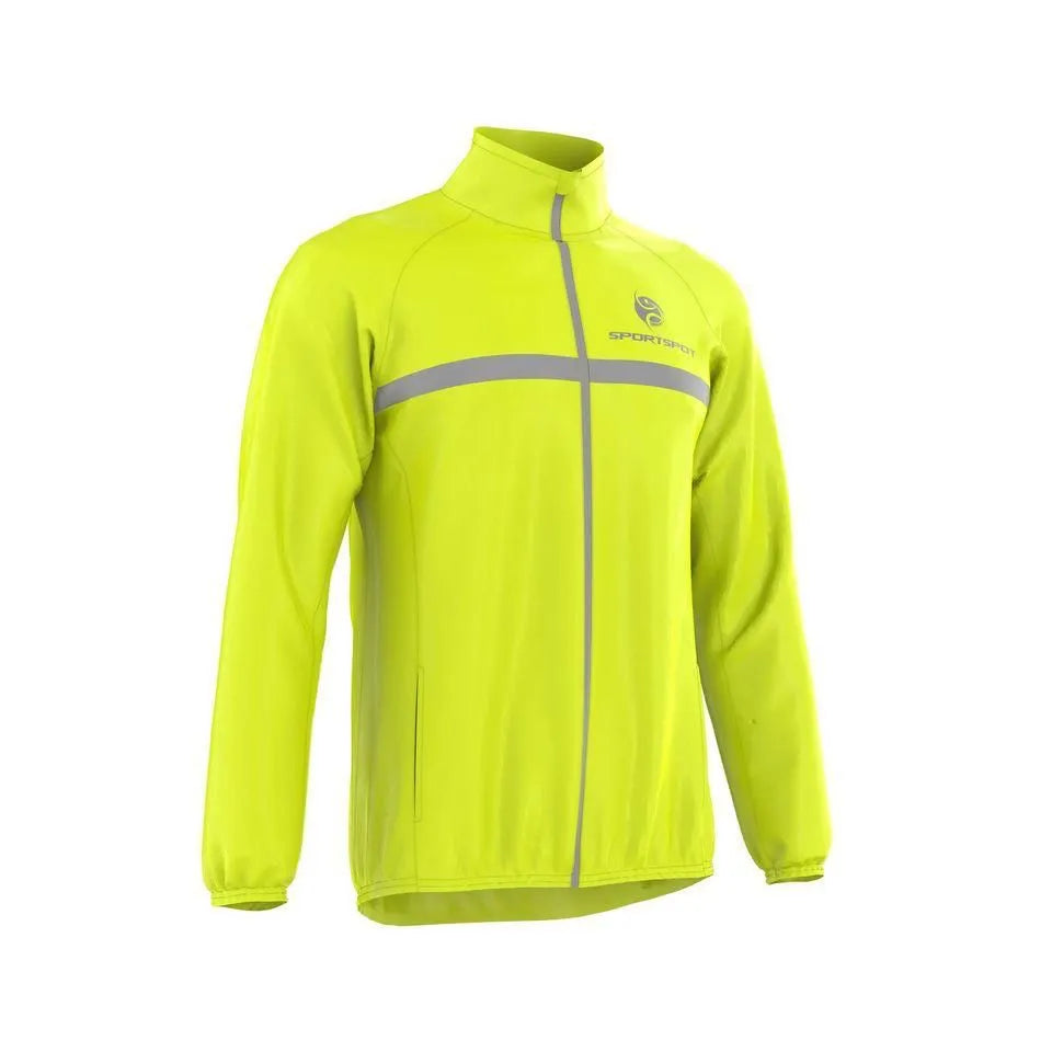 Sportspot waterproof cycling rain jacket front view in high visibility neon yellow