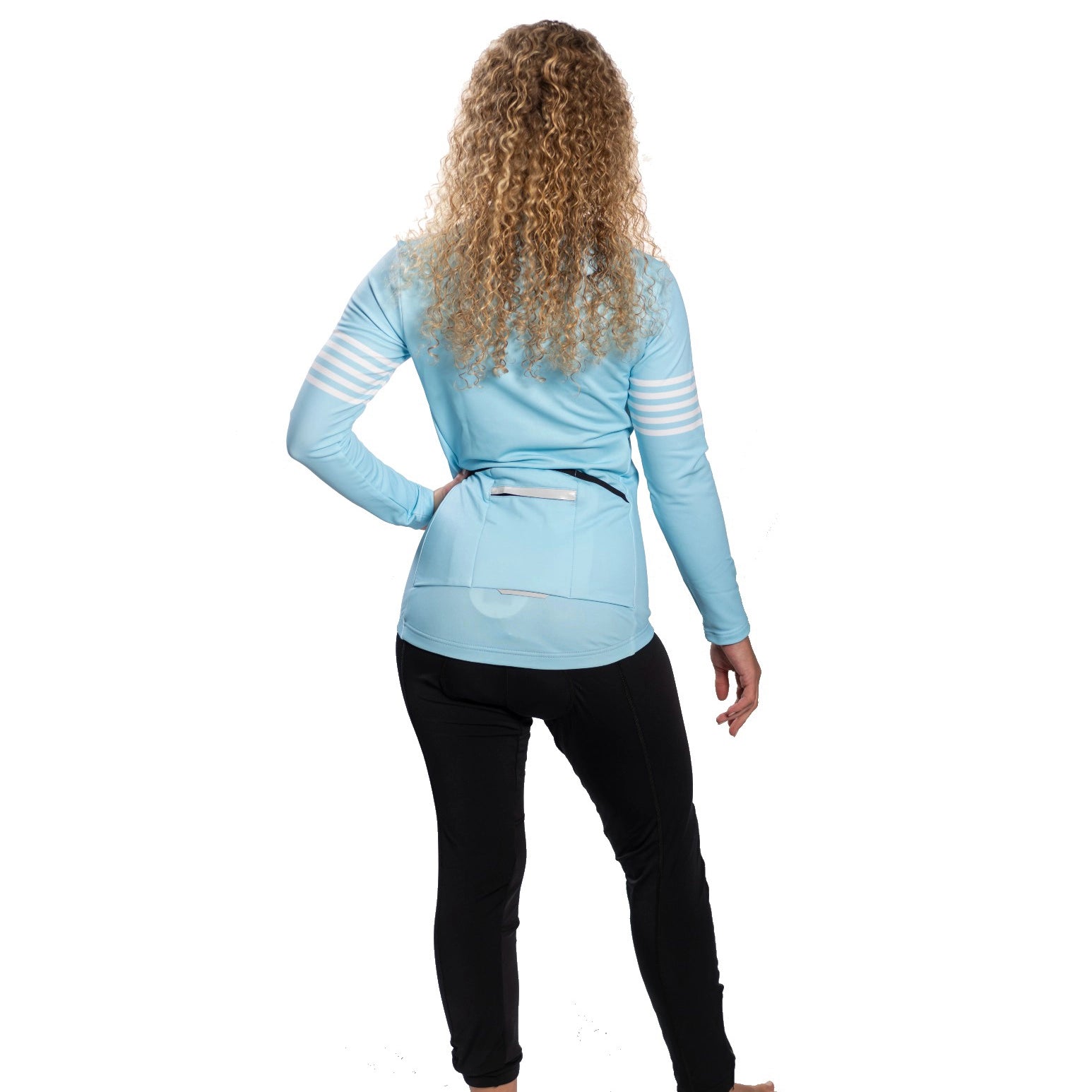 Rear view of Women’s Cycling Suit with Tights showing aerodynamic fit and reflective details – Sportspot Aqua Blue