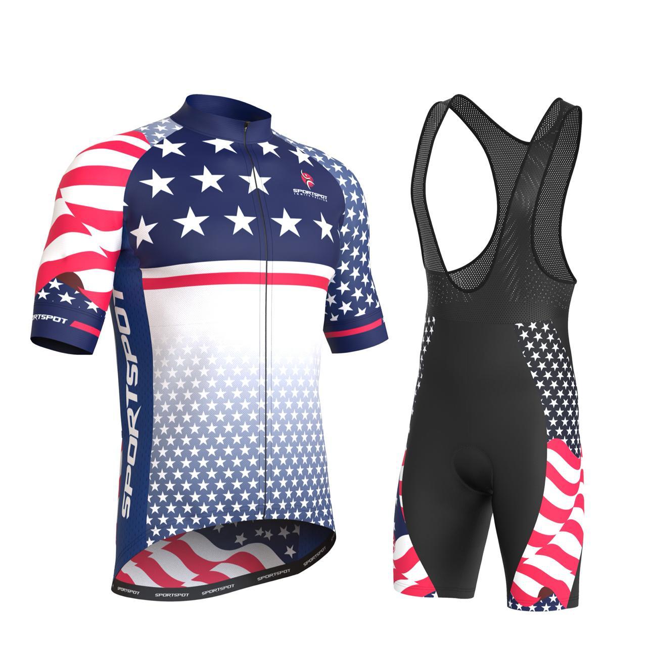 usa flag red blue stars cycling suit with bib shorts