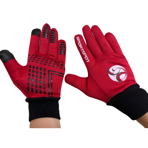 Red full finger cycling gloves with silicone palm grip and touchscreen fingertips, suitable for MTB and road biking