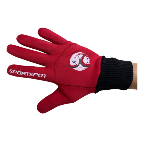 Red full finger cycling glove with SportSpot logo and stretchable wrist cuff, shown from the back