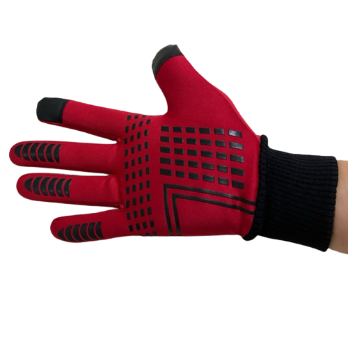 Red full finger cycling glove showing silicone gel palm grip and touchscreen fingertip pads for better control and phone access